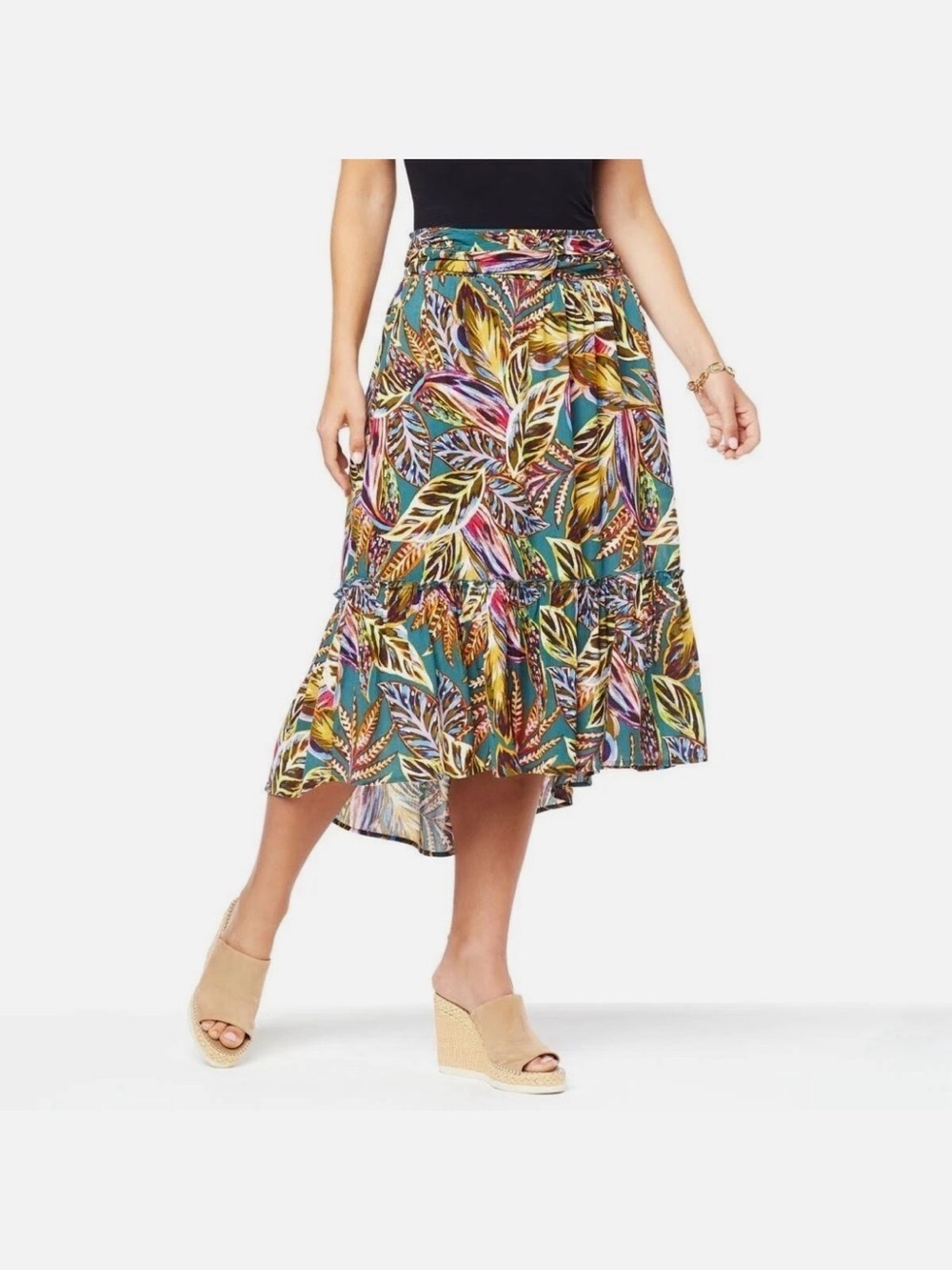 Democracy tropical leaf print evergreen Flounce Hem high low Midi Skirt XL